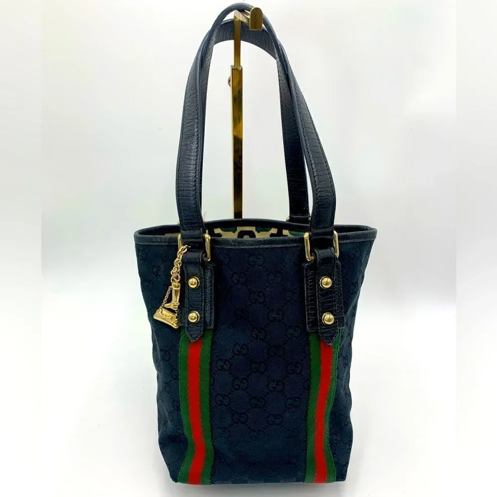 Gucci Small Black GG Canvas Sherry Line Jolicoeur Bucket Tote Bag Gold Charms